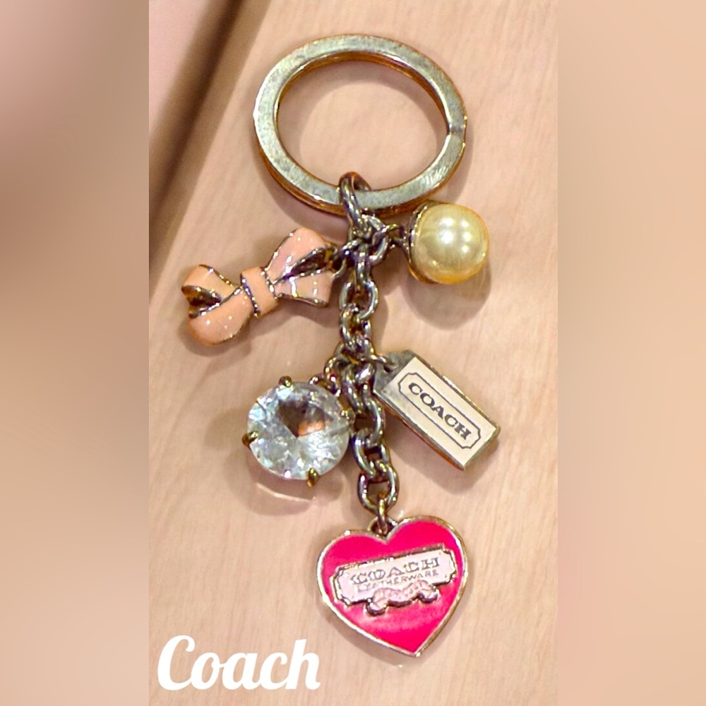 Coach pink enamel heart, bow and pearl key chain